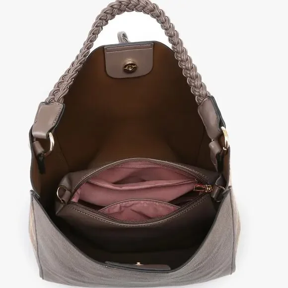 Dina Plaid Contrast Tote with Large Tassel Removable Pouch Rust Cream - Picture 2 of 3